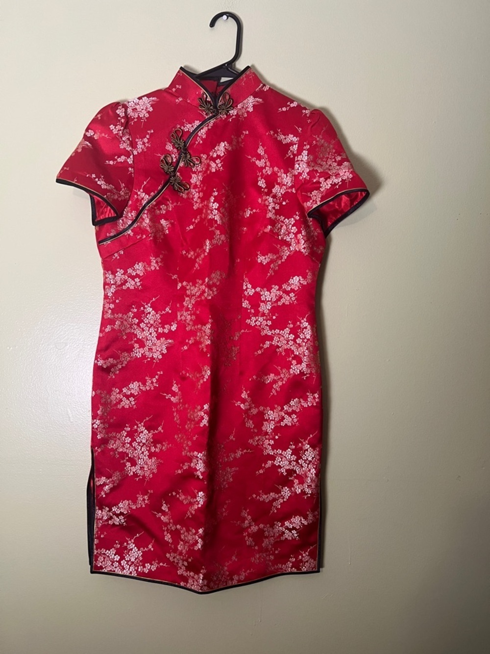 Red Floral Satin Cheongsam Dress